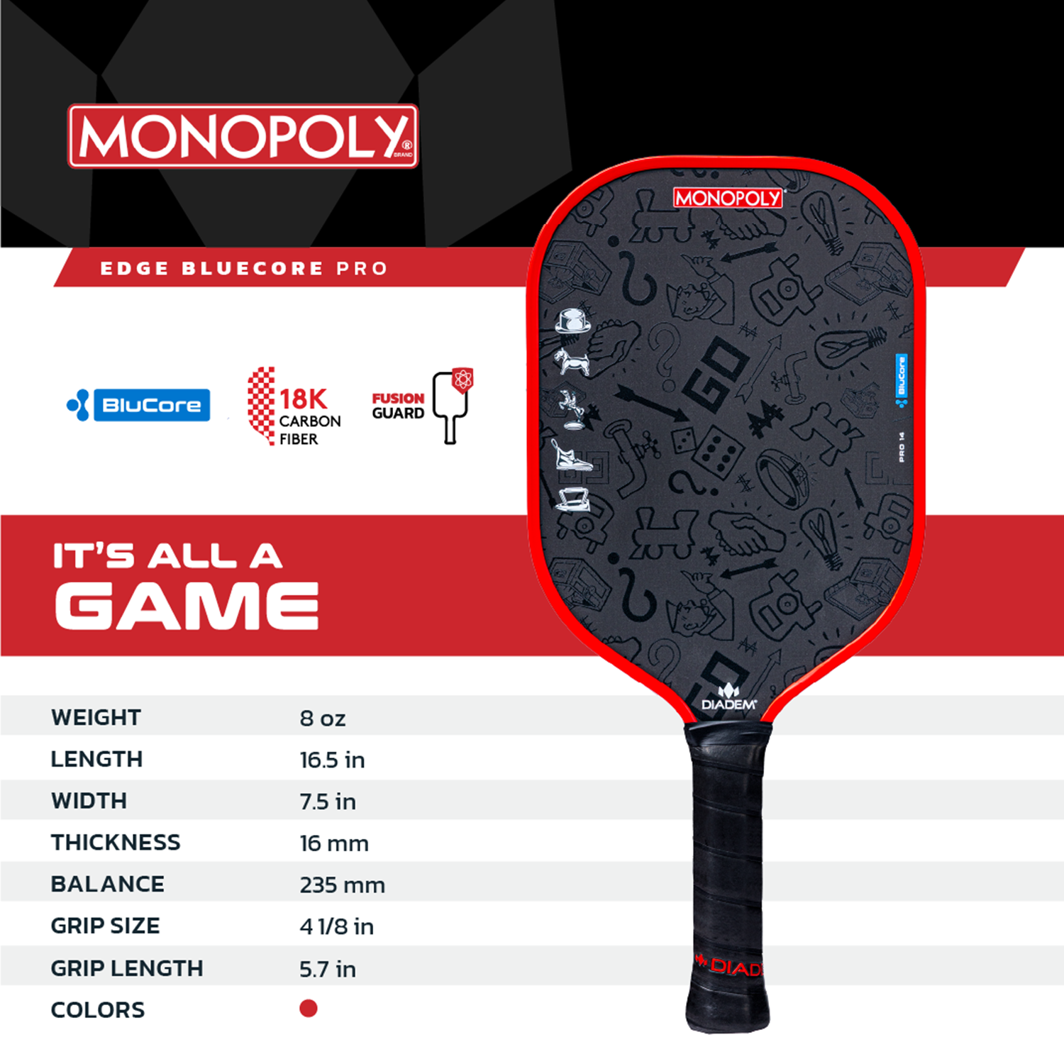 DIADEM Edge BluCore Pro 16mm – Limited Edition Monopoly Pickleball Paddle