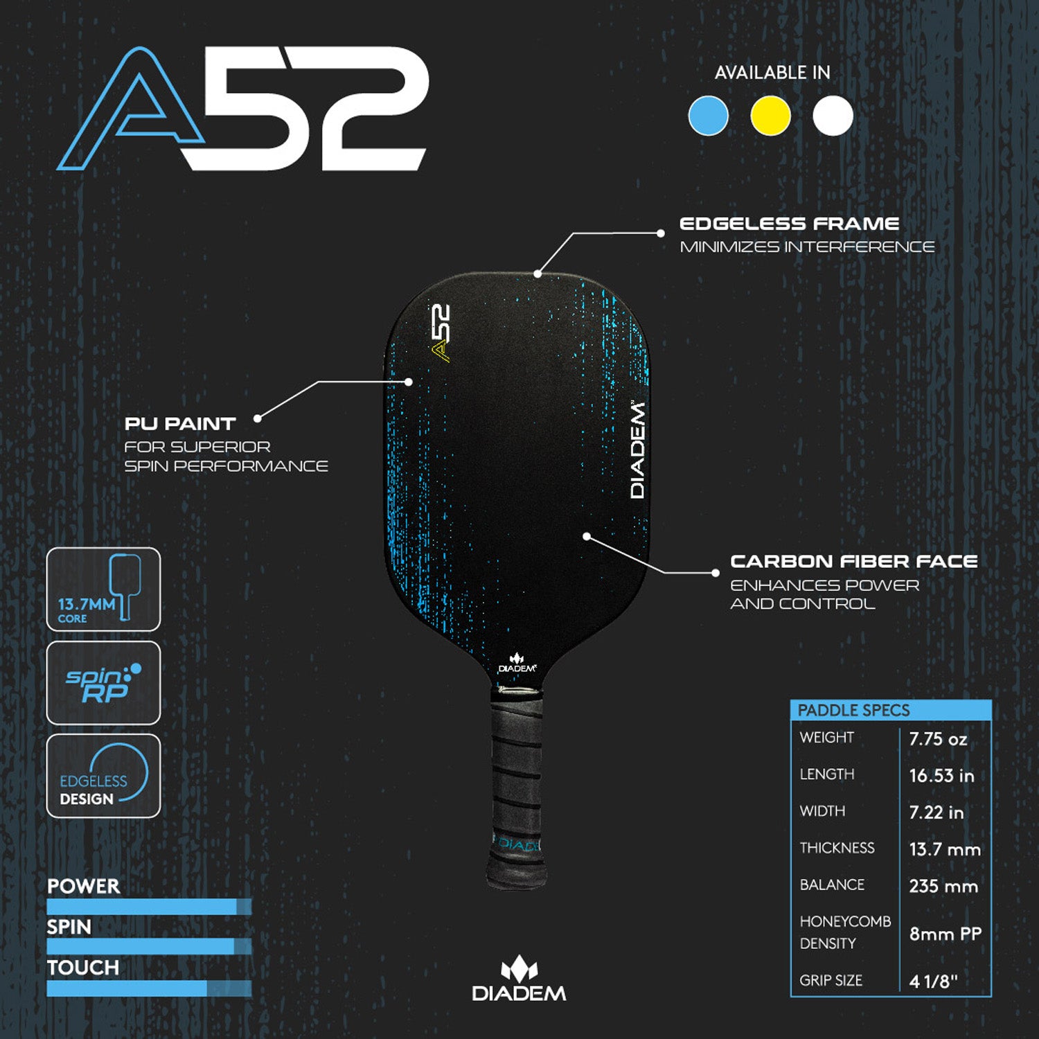 Diadem A52 Edgeless Pickleball Paddle