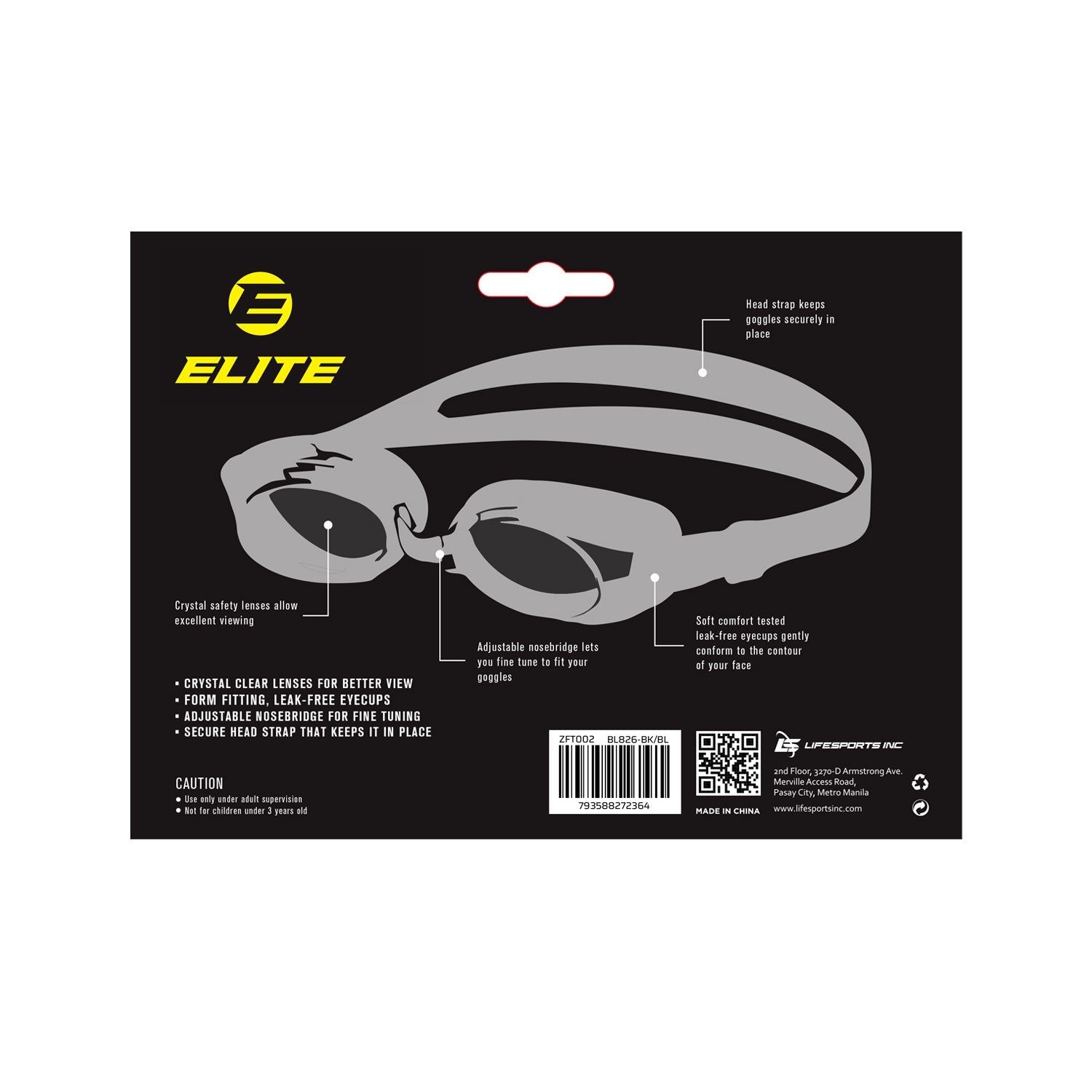 Elite Swimming Goggles Black Blue BL826